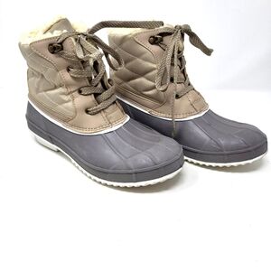 Khombu Zany Duck Boots Taupe Waterproof‎ Round Duck Toe Faux Fur Women's Size 9